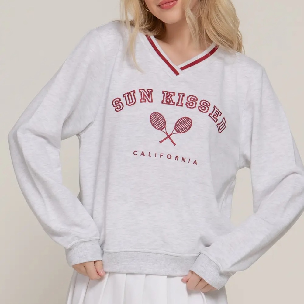 Sun Kissed Embroidered Cotton V-Neck Sweatshirt